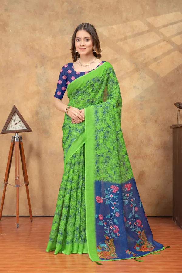 Green_&_Navy_Blue_Floral_Printed_Linen_Shimmer_Saree_with_Artistic_Border