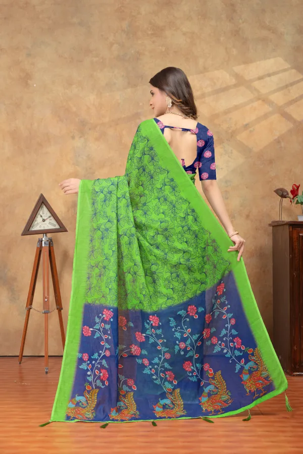 Green_&_Navy_Blue_Floral_Printed_Linen_Shimmer_Saree_with_Artistic_Border