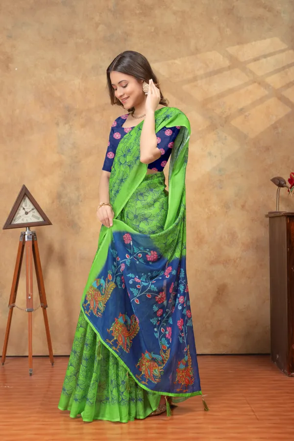 Green_&_Navy_Blue_Floral_Printed_Linen_Shimmer_Saree_with_Artistic_Border