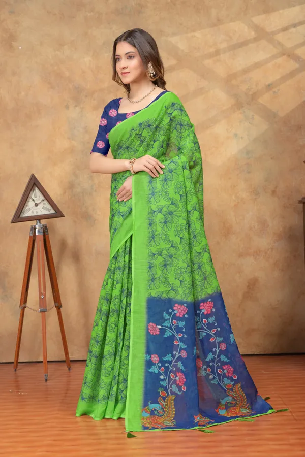Green_&_Navy_Blue_Floral_Printed_Linen_Shimmer_Saree_with_Artistic_Border