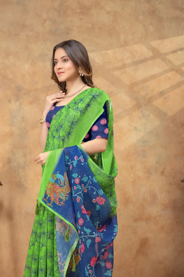 Green_&_Navy_Blue_Floral_Printed_Linen_Shimmer_Saree_with_Artistic_Border
