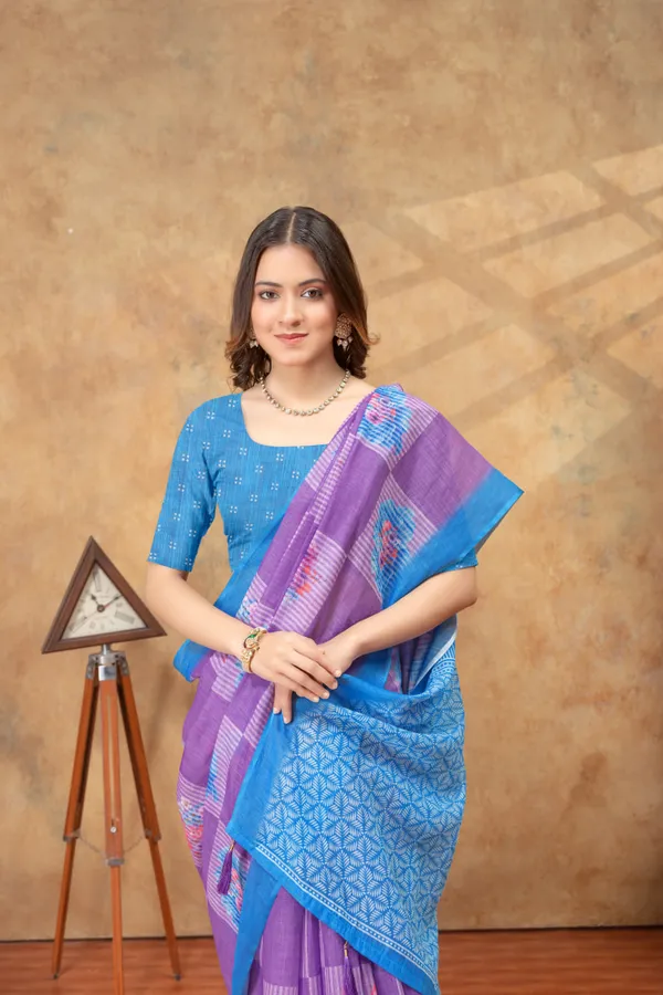 Purple_&_Blue_Floral_Printed_Linen_Shimmer_Saree_with_Contrast_Border