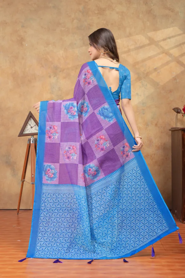 Purple_&_Blue_Floral_Printed_Linen_Shimmer_Saree_with_Contrast_Border