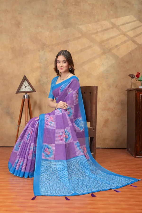 Purple_&_Blue_Floral_Printed_Linen_Shimmer_Saree_with_Contrast_Border