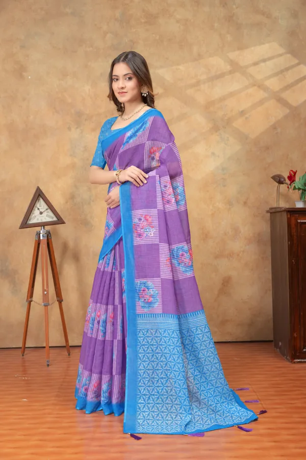 Purple_&_Blue_Floral_Printed_Linen_Shimmer_Saree_with_Contrast_Border