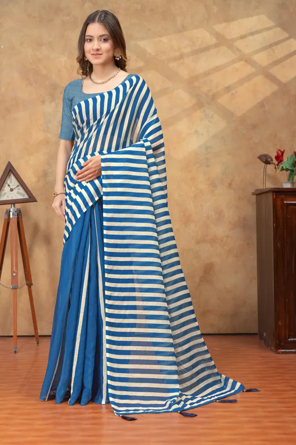 Blue_&_Beige_Striped_Linen_Shimmer_Saree_with_Tassel_Pallu