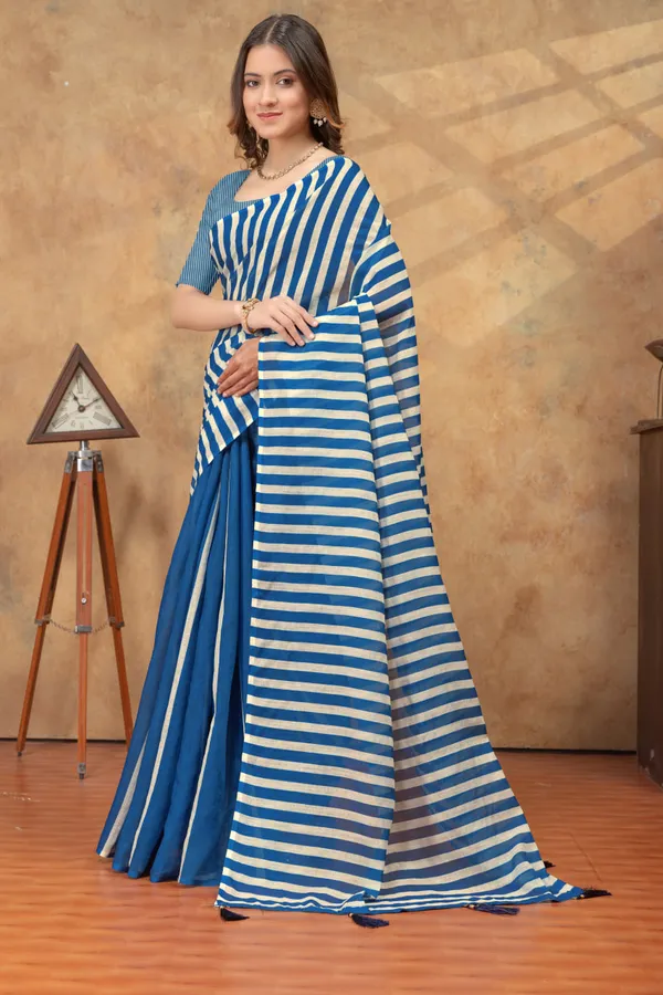 Blue_&_Beige_Striped_Linen_Shimmer_Saree_with_Tassel_Pallu