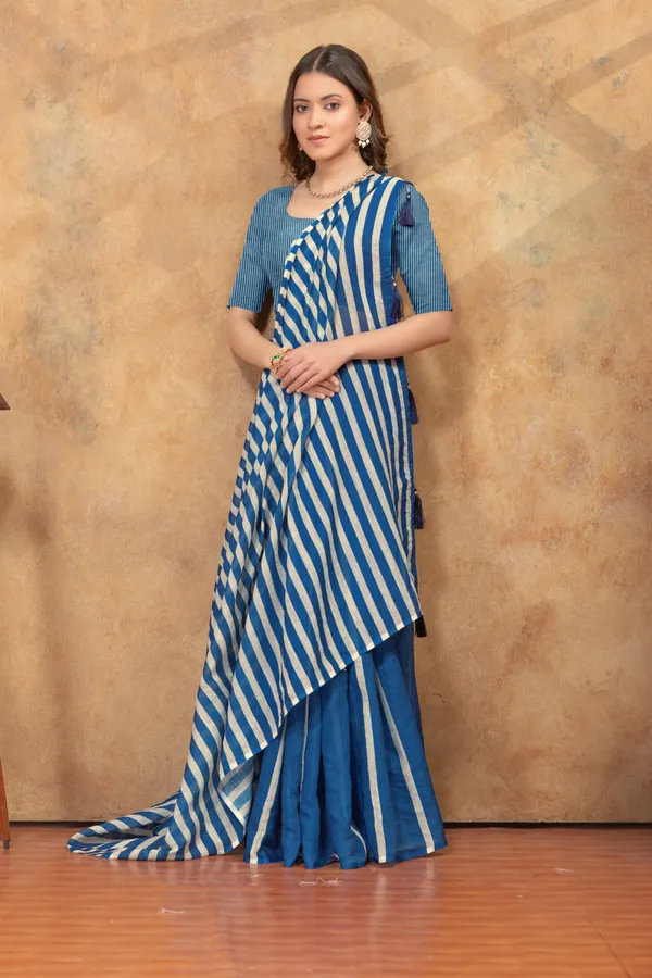 Blue_&_Beige_Striped_Linen_Shimmer_Saree_with_Tassel_Pallu