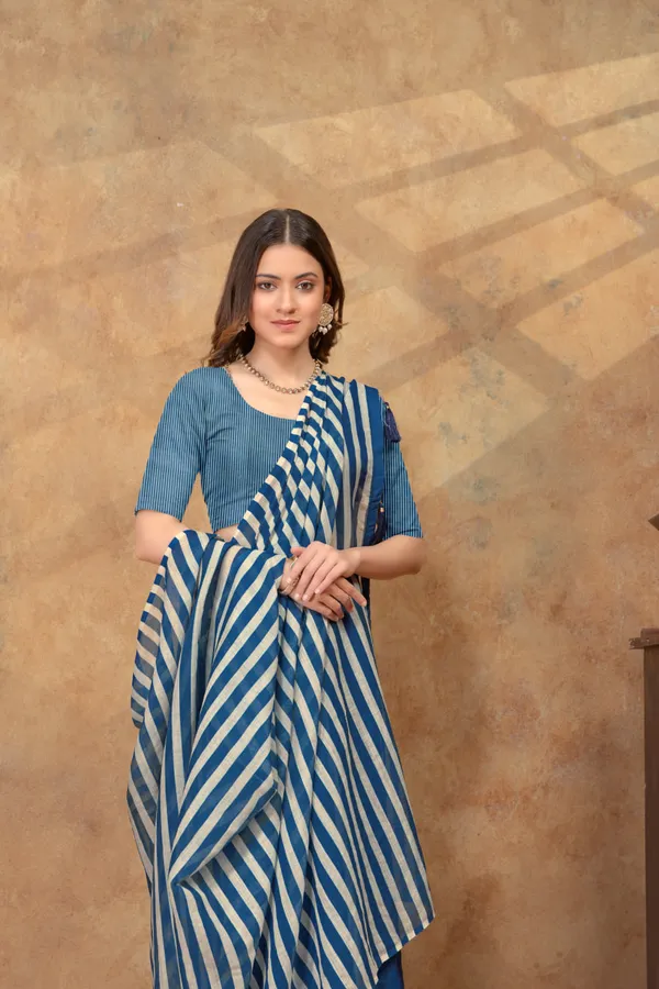 Blue_&_Beige_Striped_Linen_Shimmer_Saree_with_Tassel_Pallu