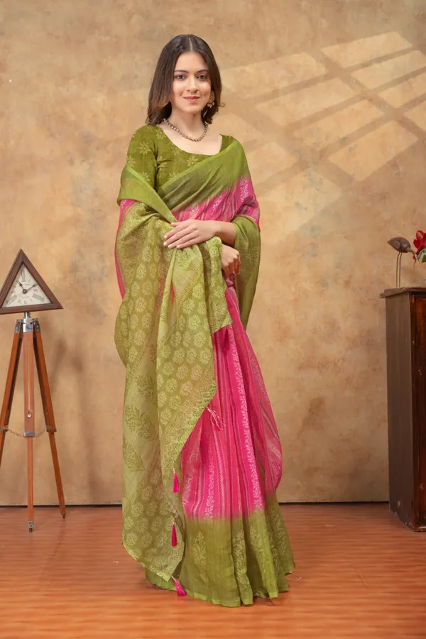 Pink_&_Olive_Green_Ethnic_Motif_Printed_Linen_Shimmer_Saree_with_Contrast_Border
