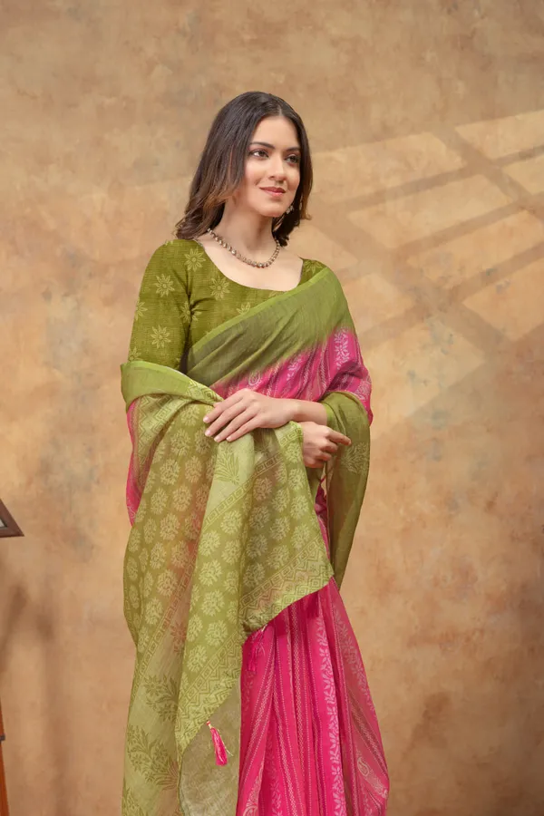 Pink_&_Olive_Green_Ethnic_Motif_Printed_Linen_Shimmer_Saree_with_Contrast_Border