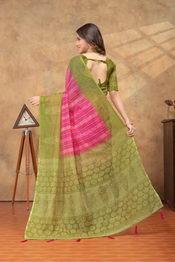 Pink_&_Olive_Green_Ethnic_Motif_Printed_Linen_Shimmer_Saree_with_Contrast_Border