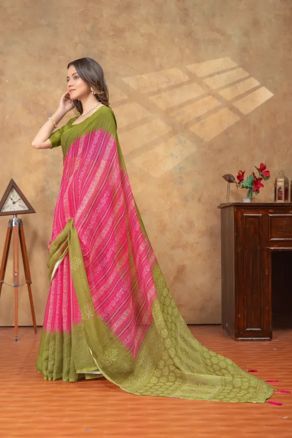 Pink_&_Olive_Green_Ethnic_Motif_Printed_Linen_Shimmer_Saree_with_Contrast_Border