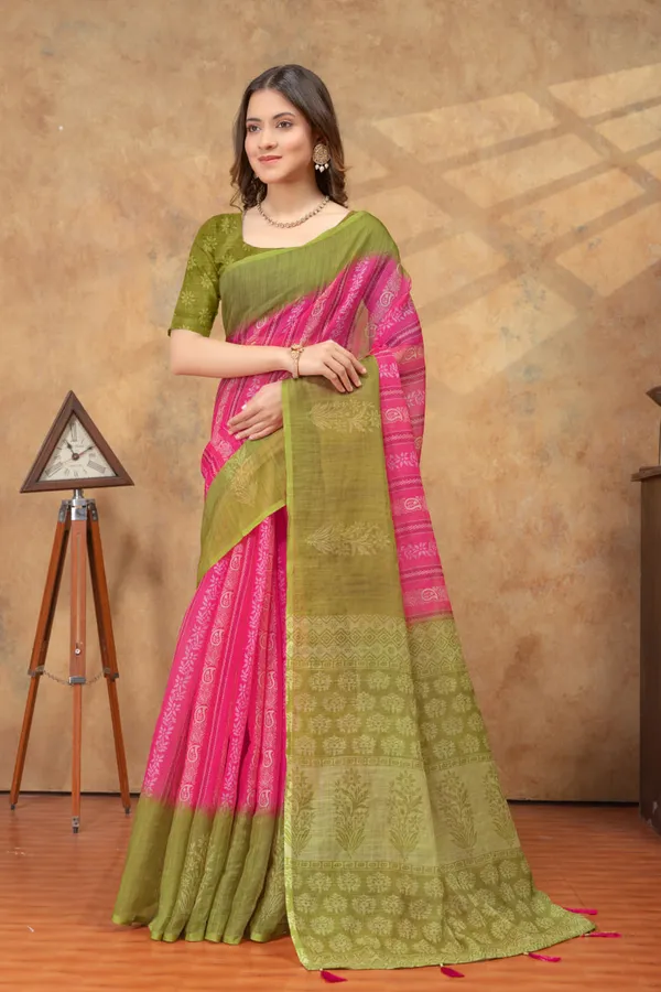 Pink_&_Olive_Green_Ethnic_Motif_Printed_Linen_Shimmer_Saree_with_Contrast_Border