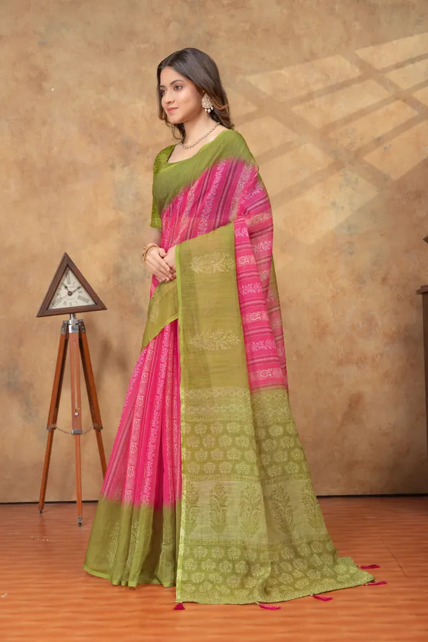 Pink_&_Olive_Green_Ethnic_Motif_Printed_Linen_Shimmer_Saree_with_Contrast_Border