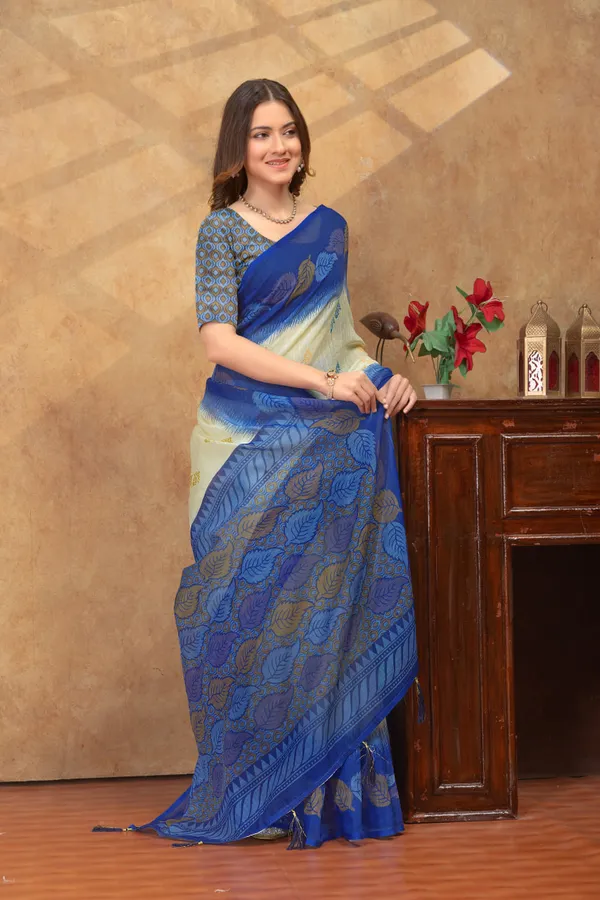 Blue_&_Off-White_Ethnic_Motif_Printed_Linen_Shimmer_Saree_with_Contrast_Border