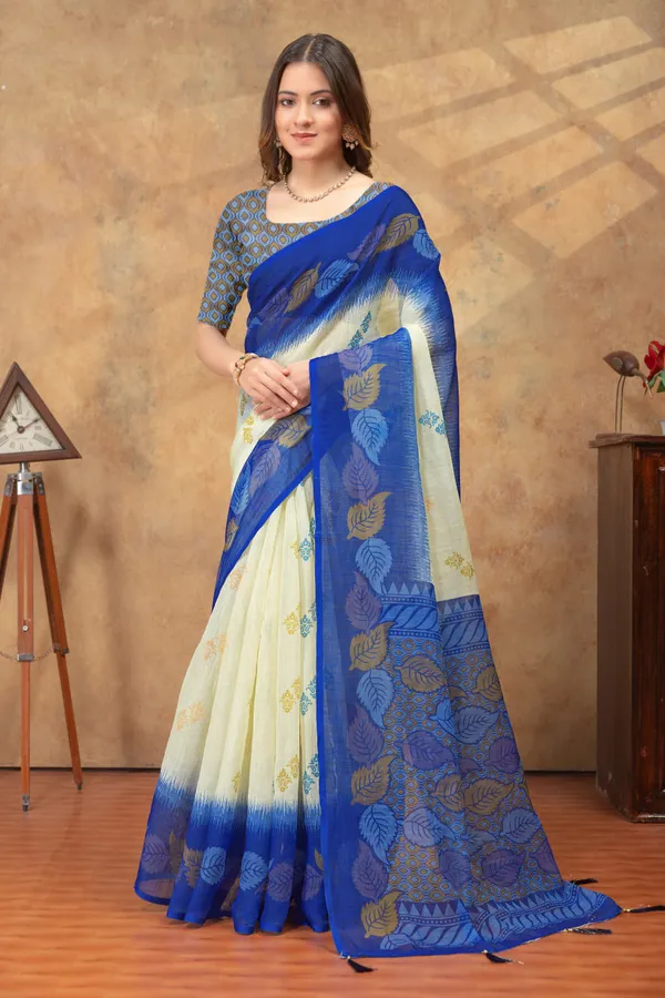 Blue_&_Off-White_Ethnic_Motif_Printed_Linen_Shimmer_Saree_with_Contrast_Border