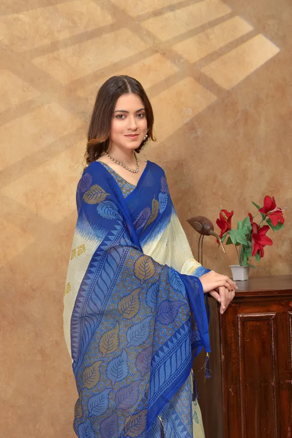 Blue_&_Off-White_Ethnic_Motif_Printed_Linen_Shimmer_Saree_with_Contrast_Border