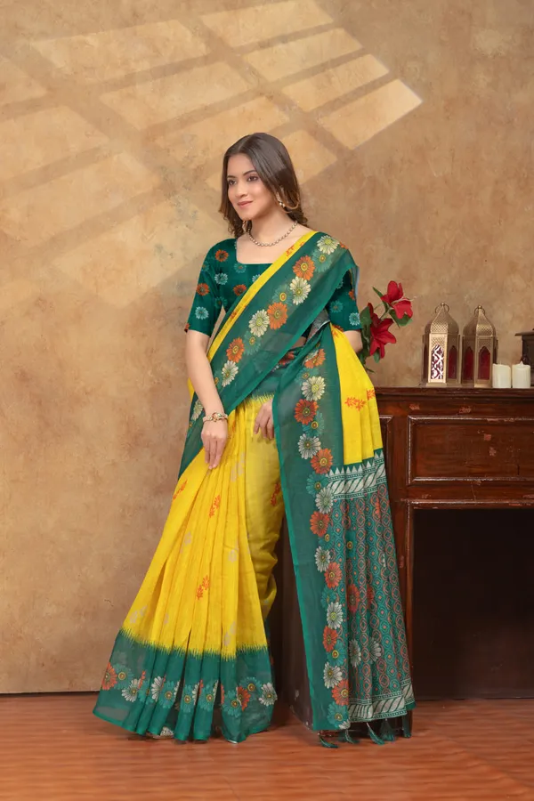 Green_&_Yellow_Floral_Printed_Linen_Shimmer_Saree_with_Contrast_Border