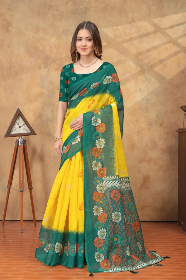 Green_&_Yellow_Floral_Printed_Linen_Shimmer_Saree_with_Contrast_Border