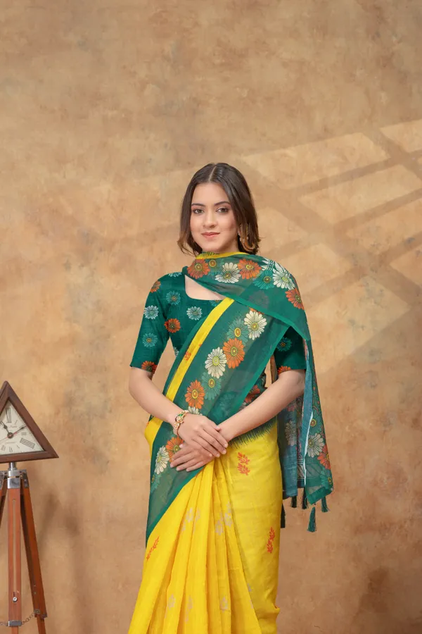 Green_&_Yellow_Floral_Printed_Linen_Shimmer_Saree_with_Contrast_Border