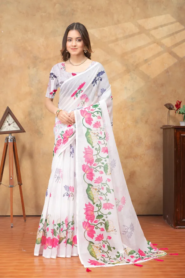 White_&_Pink_Floral_Printed_Linen_Shimmer_Saree_with_Tassel_Pallu