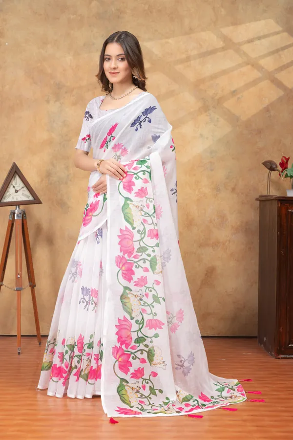 White_&_Pink_Floral_Printed_Linen_Shimmer_Saree_with_Tassel_Pallu