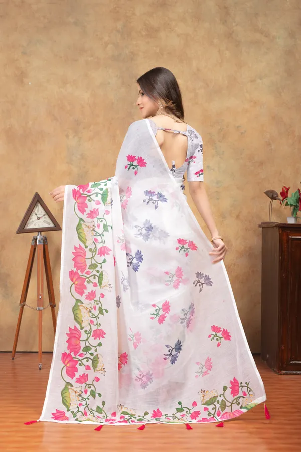White_&_Pink_Floral_Printed_Linen_Shimmer_Saree_with_Tassel_Pallu