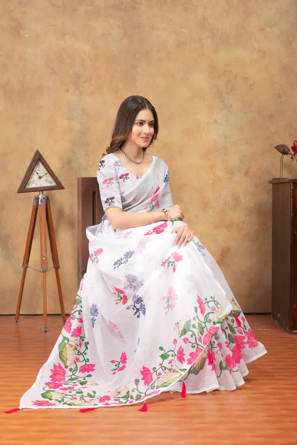 White_&_Pink_Floral_Printed_Linen_Shimmer_Saree_with_Tassel_Pallu