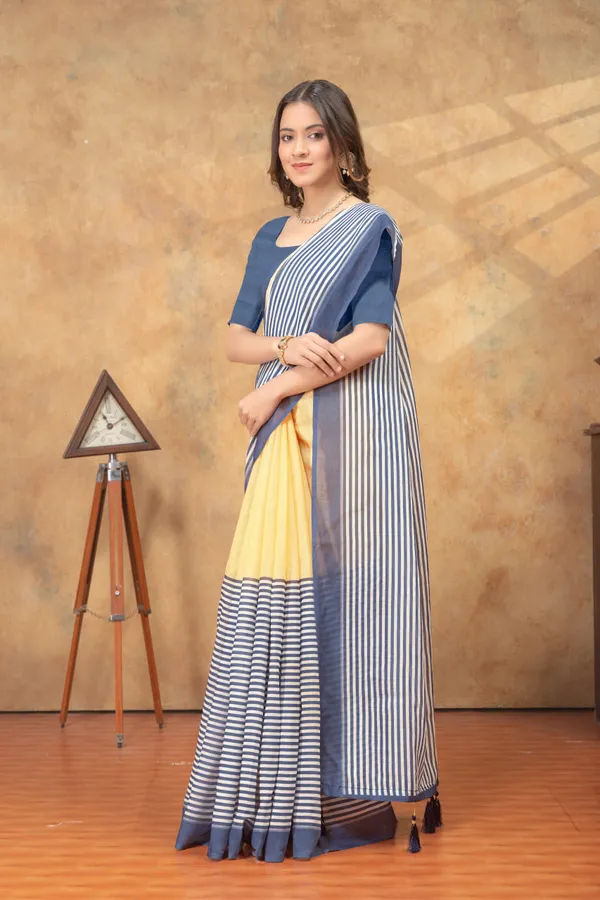 Yellow_&_Blue_Striped_Linen_Shimmer_Saree_with_Contrast_Border