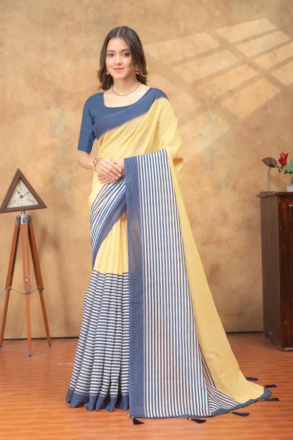 Yellow_&_Blue_Striped_Linen_Shimmer_Saree_with_Contrast_Border