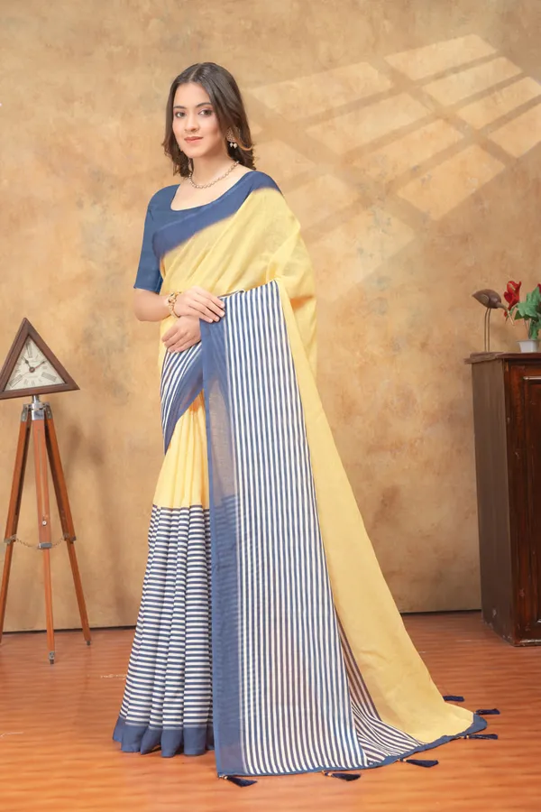 Yellow_&_Blue_Striped_Linen_Shimmer_Saree_with_Contrast_Border