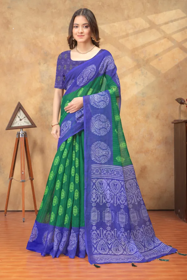Green_&_Purple_Ethnic_Motif_Printed_Linen_Shimmer_Saree_with_Contrast_Border