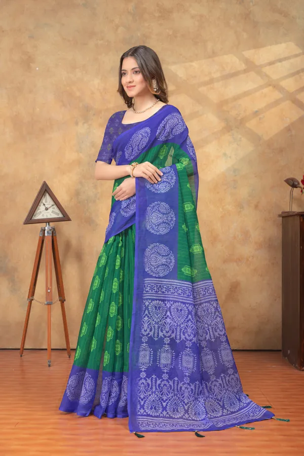Green_&_Purple_Ethnic_Motif_Printed_Linen_Shimmer_Saree_with_Contrast_Border