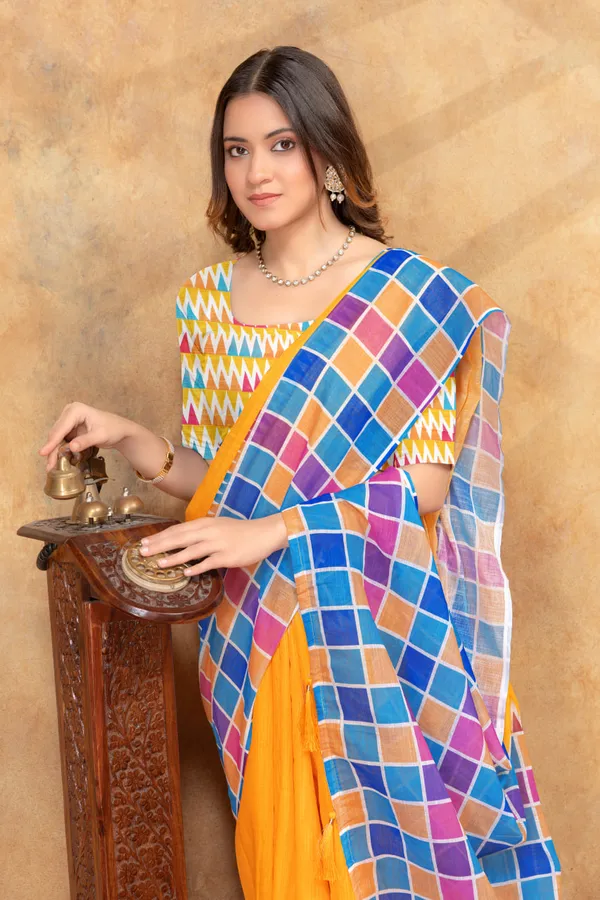 Yellow_&_Multicolour_Checked_Linen_Shimmer_Saree_with_Contrast_Border