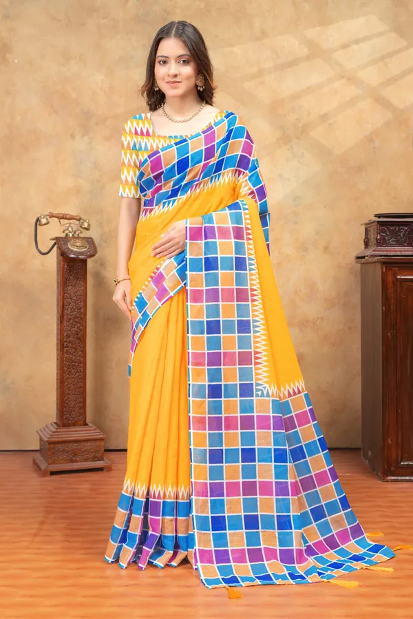 Yellow_&_Multicolour_Checked_Linen_Shimmer_Saree_with_Contrast_Border