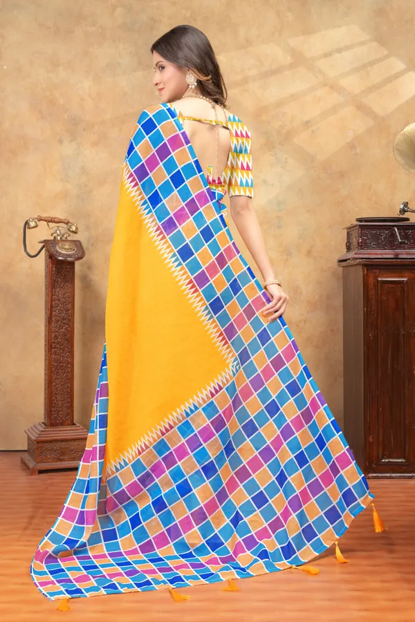 Yellow_&_Multicolour_Checked_Linen_Shimmer_Saree_with_Contrast_Border