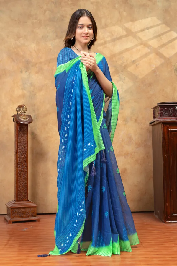 Blue_&_Green_Ethnic_Motif_Printed_Linen_Shimmer_Saree_with_Contrast_Border