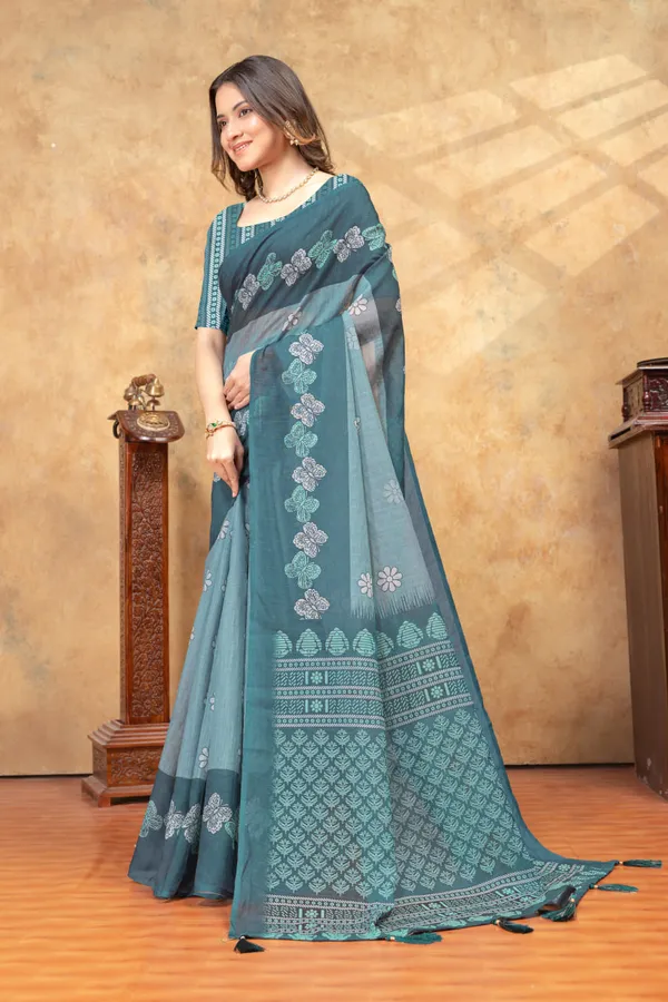 Teal_Blue_Floral_Printed_Linen_Shimmer_Saree_with_Ethnic_Border
