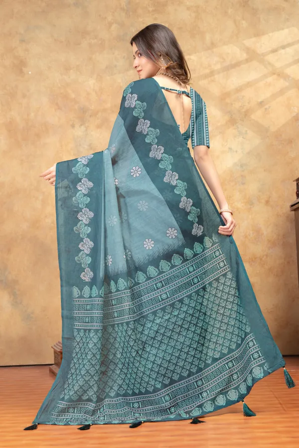 Teal_Blue_Floral_Printed_Linen_Shimmer_Saree_with_Ethnic_Border