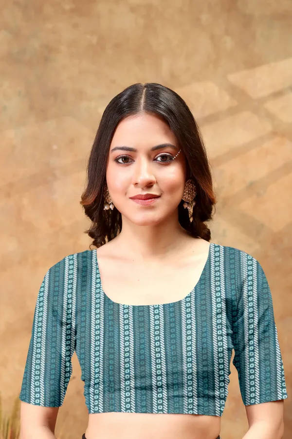 Teal_Blue_Floral_Printed_Linen_Shimmer_Saree_with_Ethnic_Border