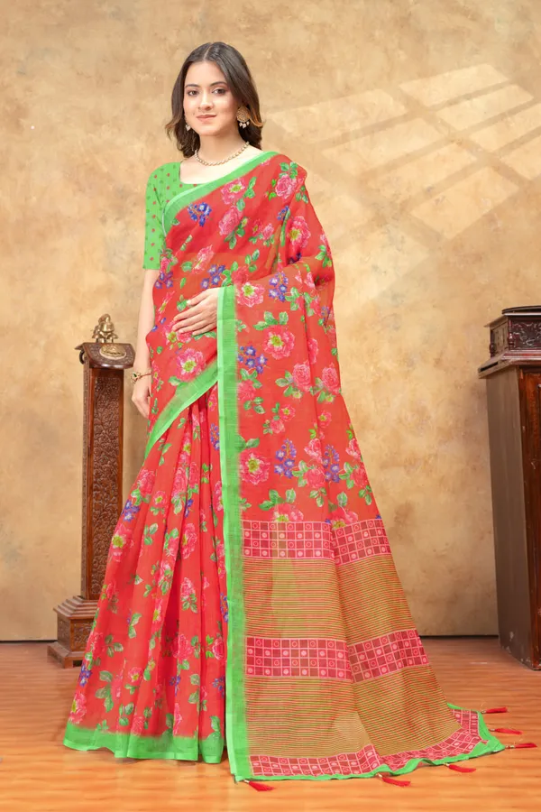 Red_Floral_Printed_Linen_Shimmer_Saree_with_Green_Contrast_Border