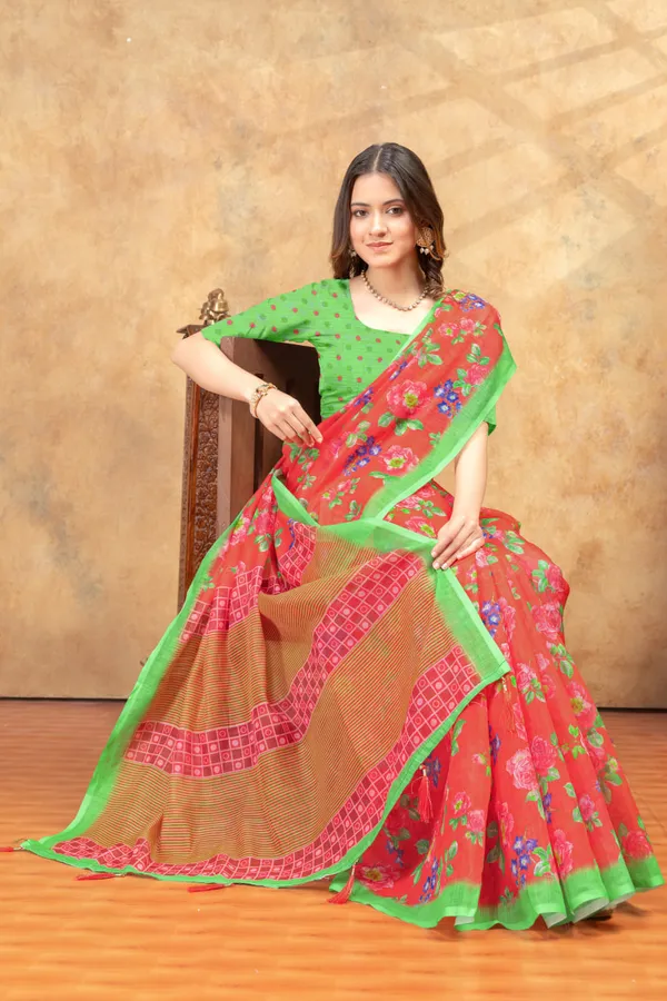 Red_Floral_Printed_Linen_Shimmer_Saree_with_Green_Contrast_Border
