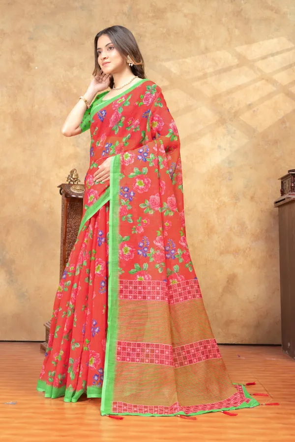 Red_Floral_Printed_Linen_Shimmer_Saree_with_Green_Contrast_Border