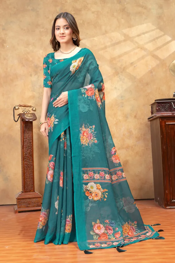 Teal_Green_Floral_Printed_Linen_Shimmer_Saree_with_Designer_Border