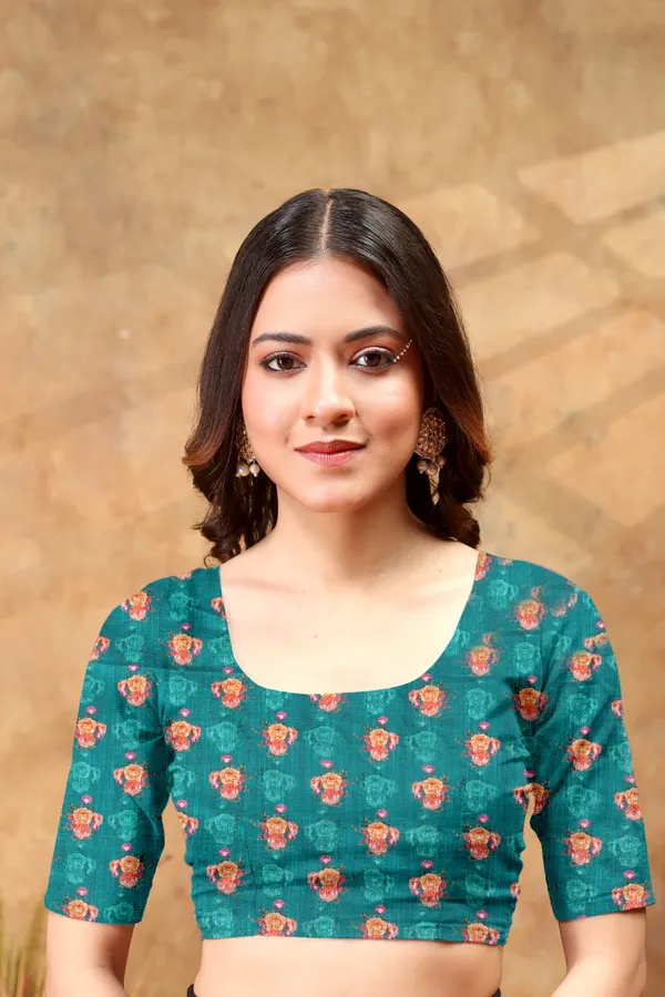 Teal_Green_Floral_Printed_Linen_Shimmer_Saree_with_Designer_Border