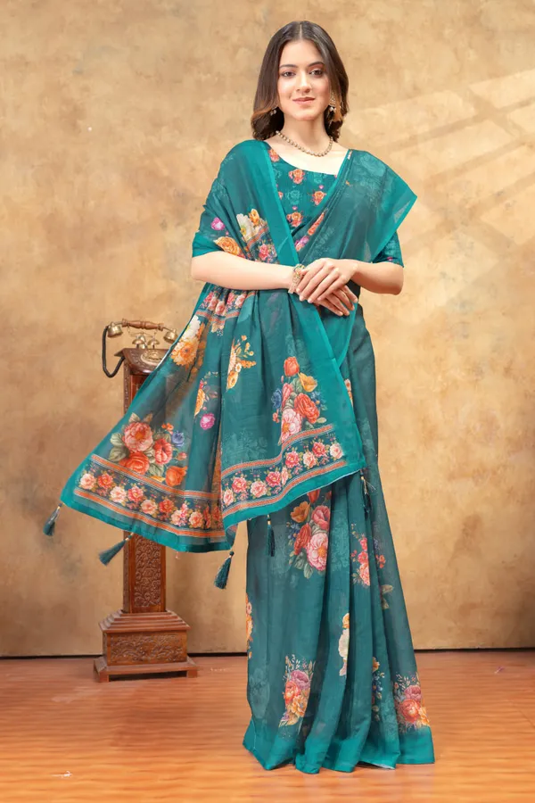 Teal_Green_Floral_Printed_Linen_Shimmer_Saree_with_Designer_Border