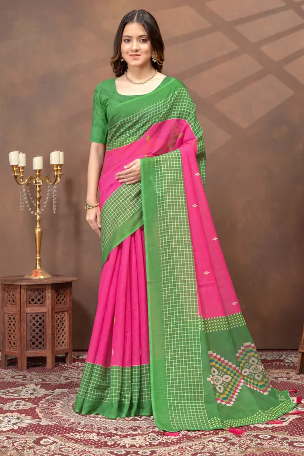 Pink_&_Green_Checked_Linen_Shimmer_Saree_with_Contrast_Border
