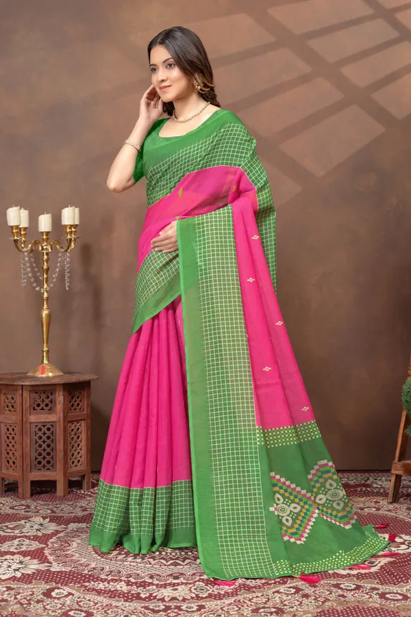 Pink_&_Green_Checked_Linen_Shimmer_Saree_with_Contrast_Border