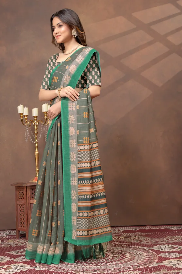 Olive_Green_Printed_Linen_Shimmer_Saree_with_Contrast_Border